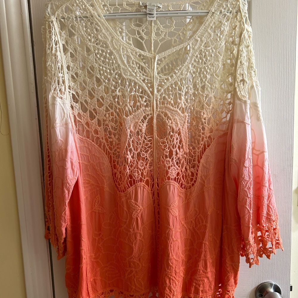 Cream and Pink Crochet Tunic with 3/4 Sleeves